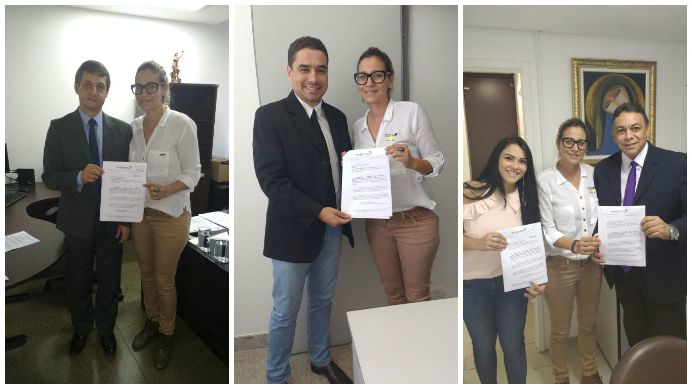 Mara Cristina, 1ª vice-presidente do SINDJUSTIÇA, entrega ofícios a assessores dos presidentes do TJGO e Alego, e do líder do governo na Assembleia