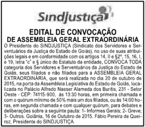 O edital está publicado na página 7, do caderno Classificados, do jornal O Popular