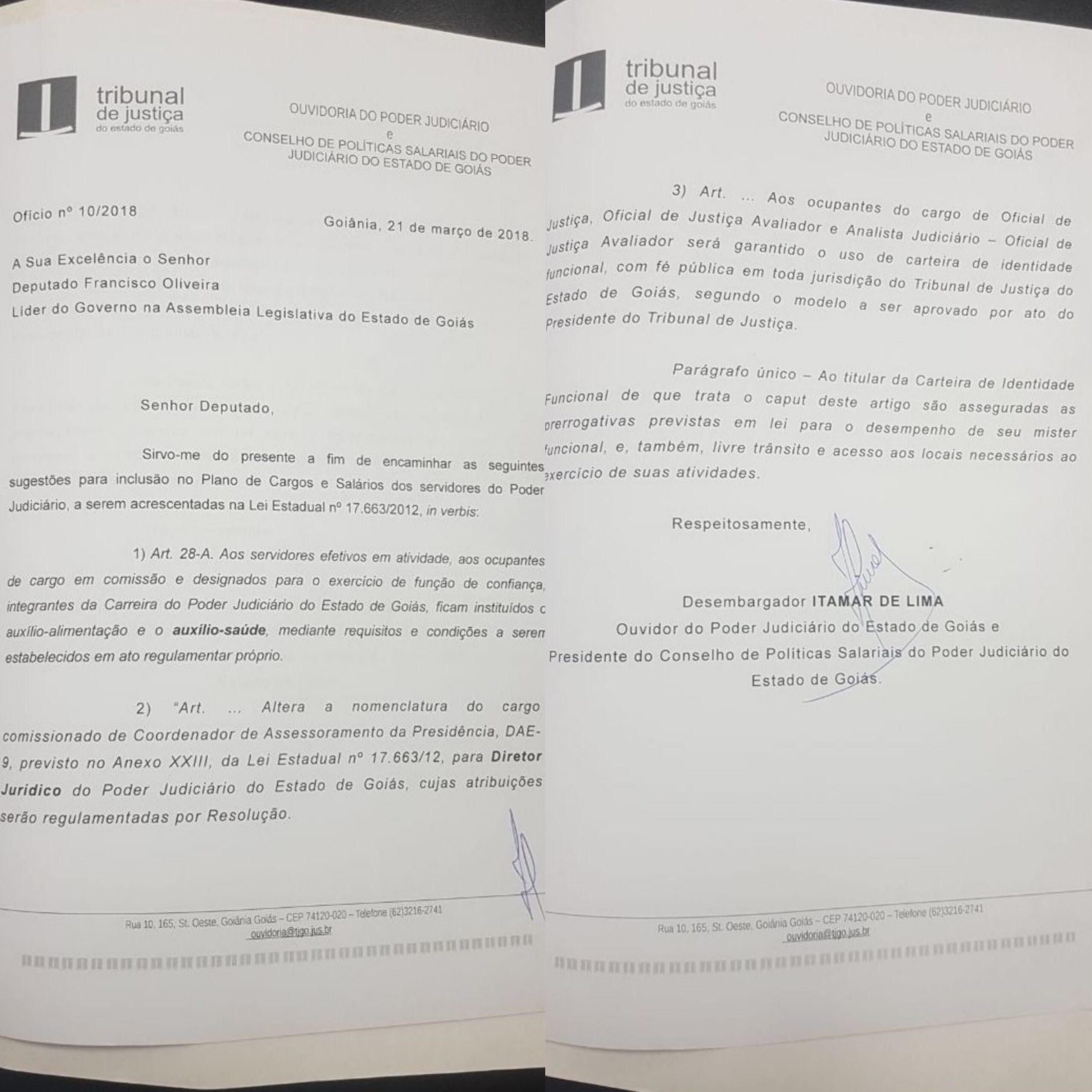 Ofício encaminhado pelo desembargador Itamar de Lima à Alego: vício origem