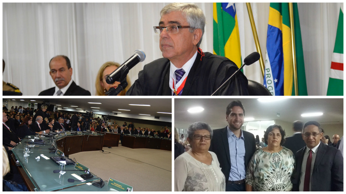 Na foto à direita, como representantes dos servidores na posse, Maria de Fátima da Silva, vice-presidente para Assuntos das Comarcas do Interior; Arthur Calixto, assessor jurídico do sindicato; Rosângela Ramos de Alencar, atual vice para Assuntos Administrativos e presidente eleita da entidade sindical; e Fábio Queiroz, presidente do SINDJUSTIÇA